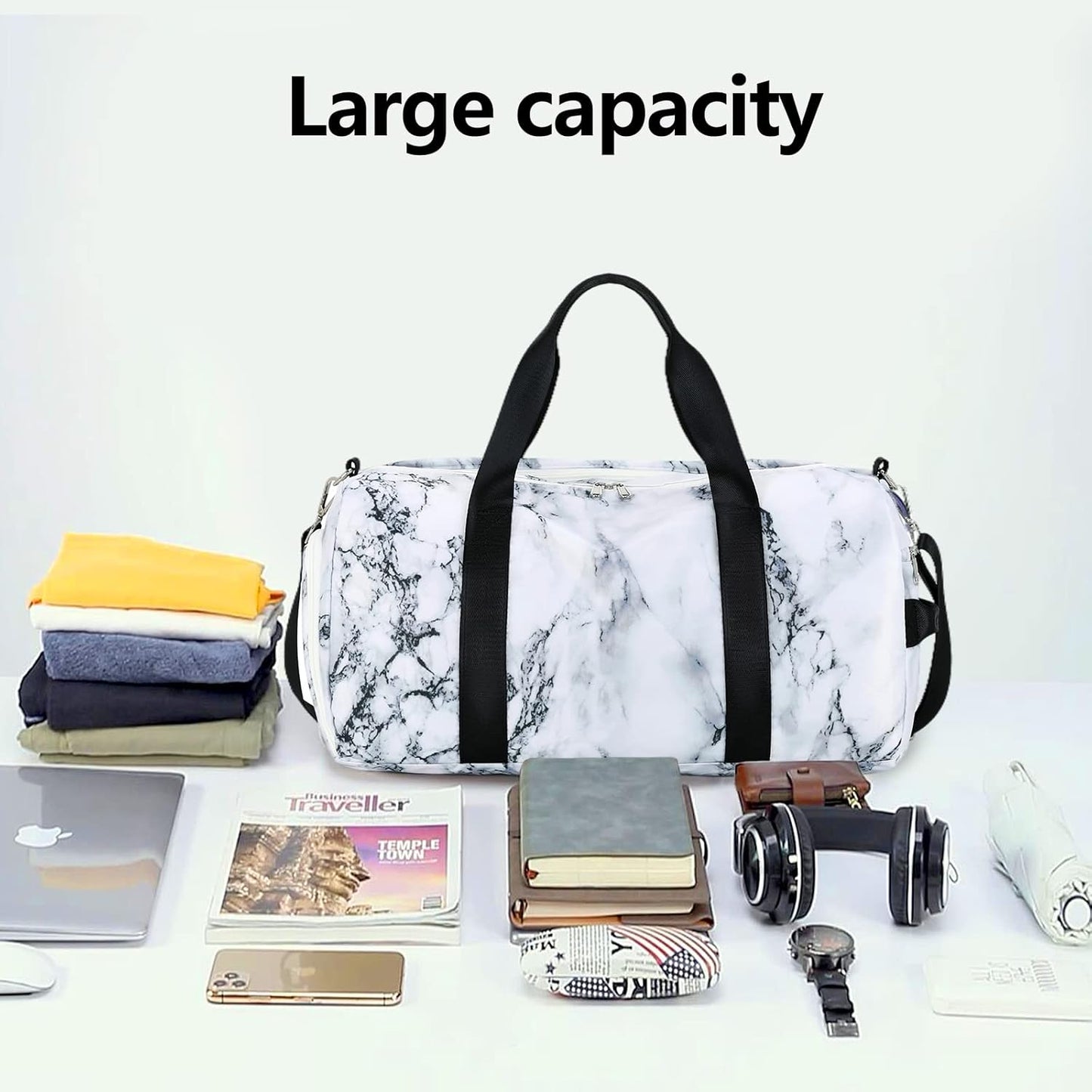 Sport Gym Duffle Travel Bag for Men Women Duffel with Shoe Compartment, Wet Pocket (Marble-White) 19.7"X9.5"X9.9"