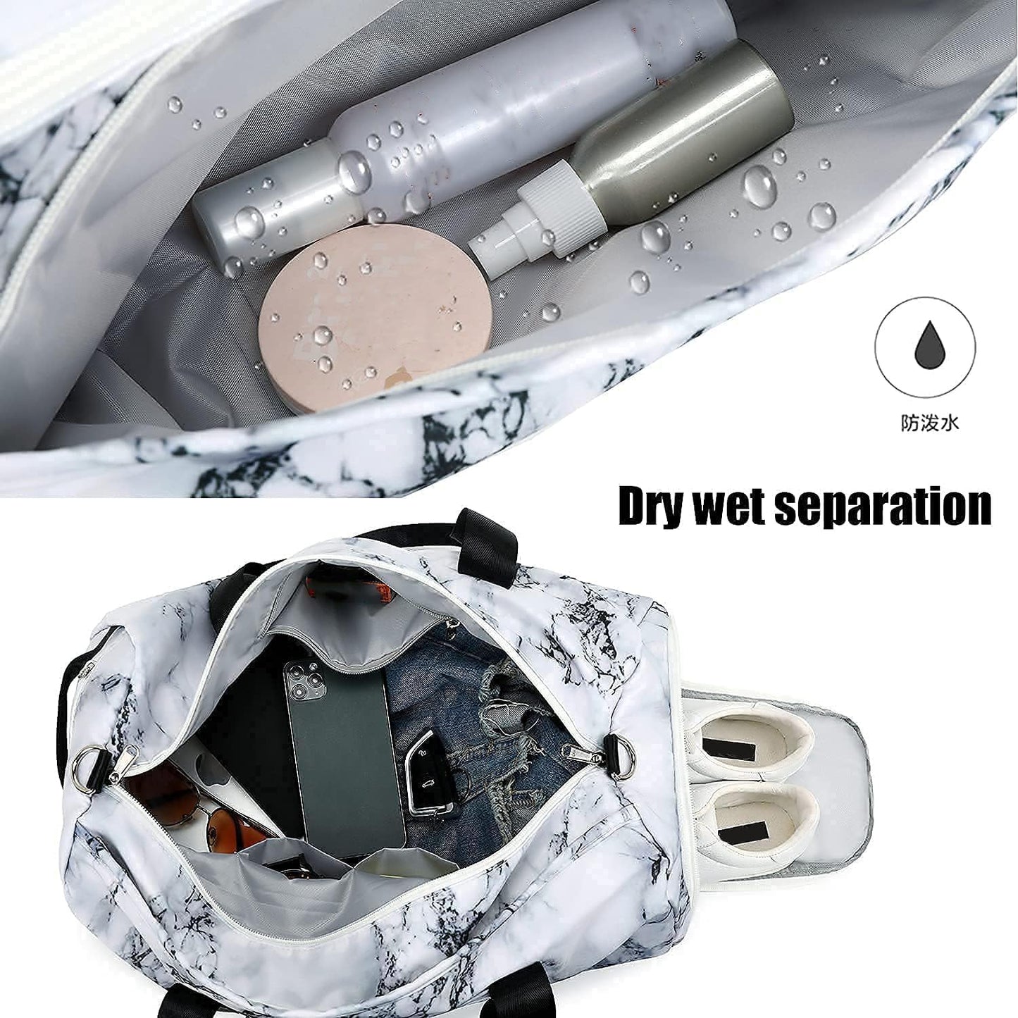 Sport Gym Duffle Travel Bag for Men Women Duffel with Shoe Compartment, Wet Pocket (Marble-White) 19.7"X9.5"X9.9"
