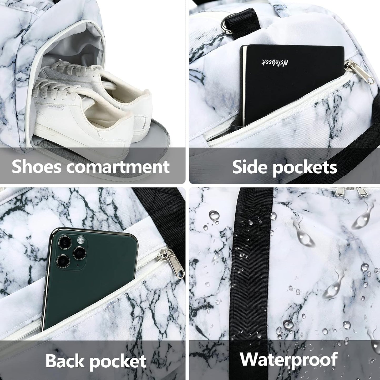 Sport Gym Duffle Travel Bag for Men Women Duffel with Shoe Compartment, Wet Pocket (Marble-White) 19.7"X9.5"X9.9"