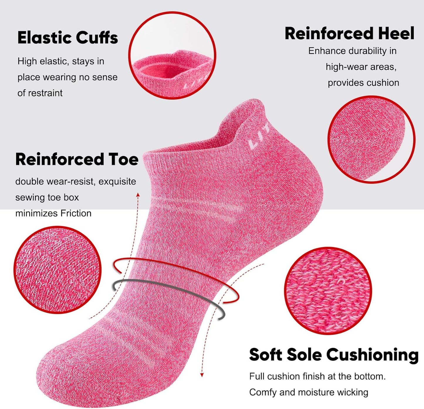 Womens Ankle Socks 6-Pairs Athletic Running Sport Socks with Cushioned Sole