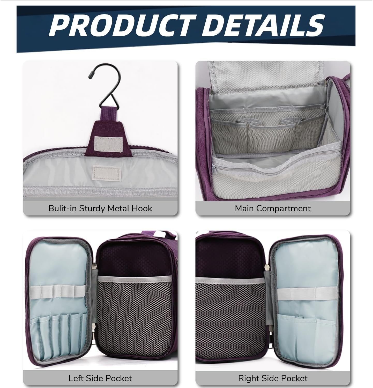 Large Capacity Toiletry Bag for Women and Men, Hanging Toiletry Organizer Cosmetics Makeup Bag, Water-Resistant Dopp Kit Shaving Bags for Full Sized Toiletries, Travel Essentials (Purple)
