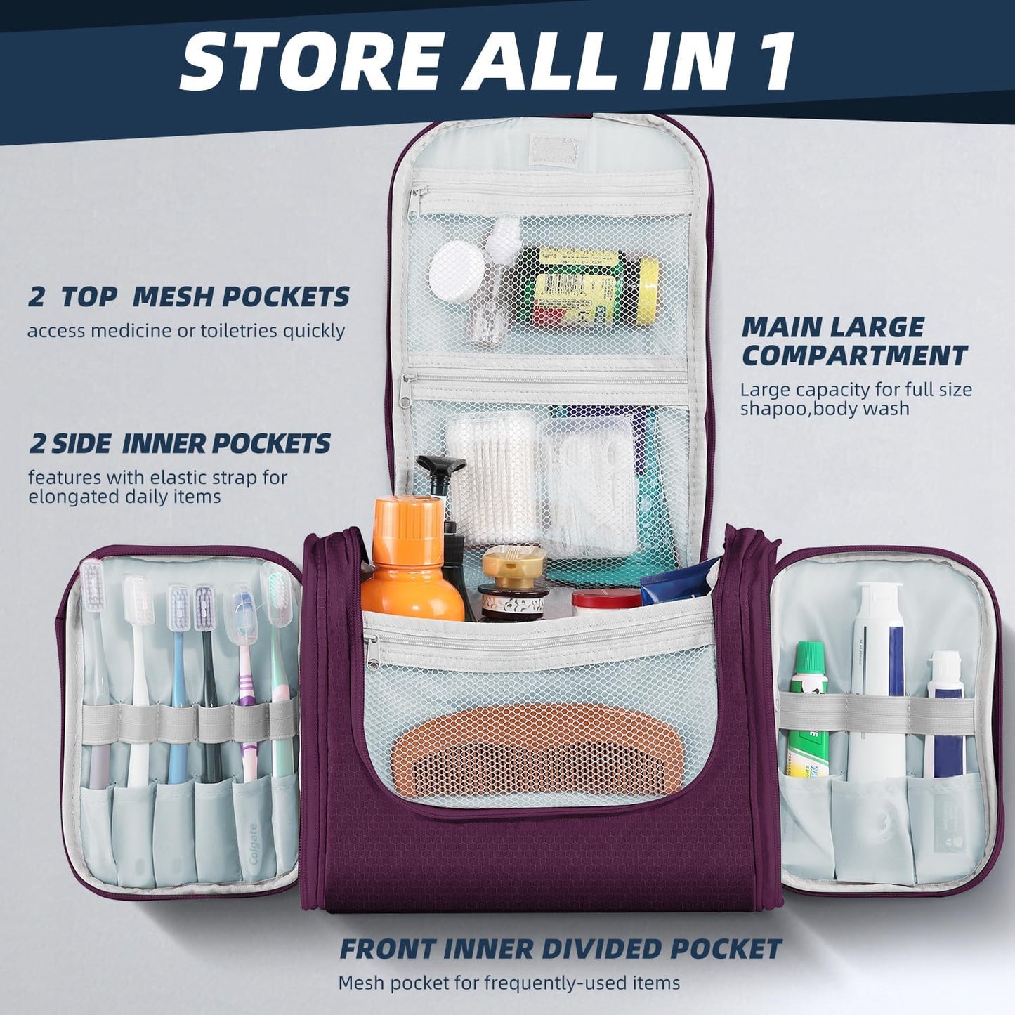 Large Capacity Toiletry Bag for Women and Men, Hanging Toiletry Organizer Cosmetics Makeup Bag, Water-Resistant Dopp Kit Shaving Bags for Full Sized Toiletries, Travel Essentials (Purple)