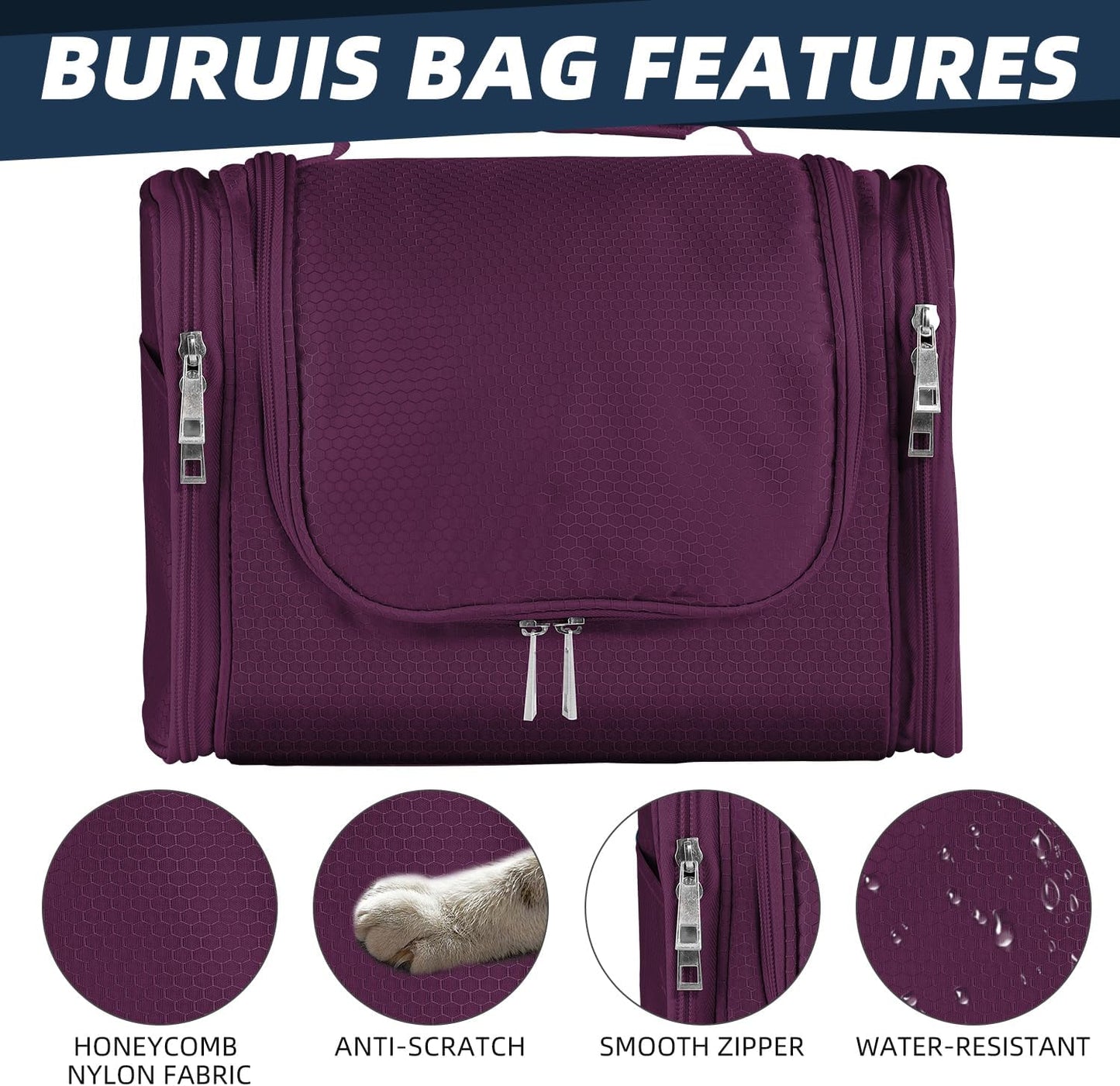 Large Capacity Toiletry Bag for Women and Men, Hanging Toiletry Organizer Cosmetics Makeup Bag, Water-Resistant Dopp Kit Shaving Bags for Full Sized Toiletries, Travel Essentials (Purple)