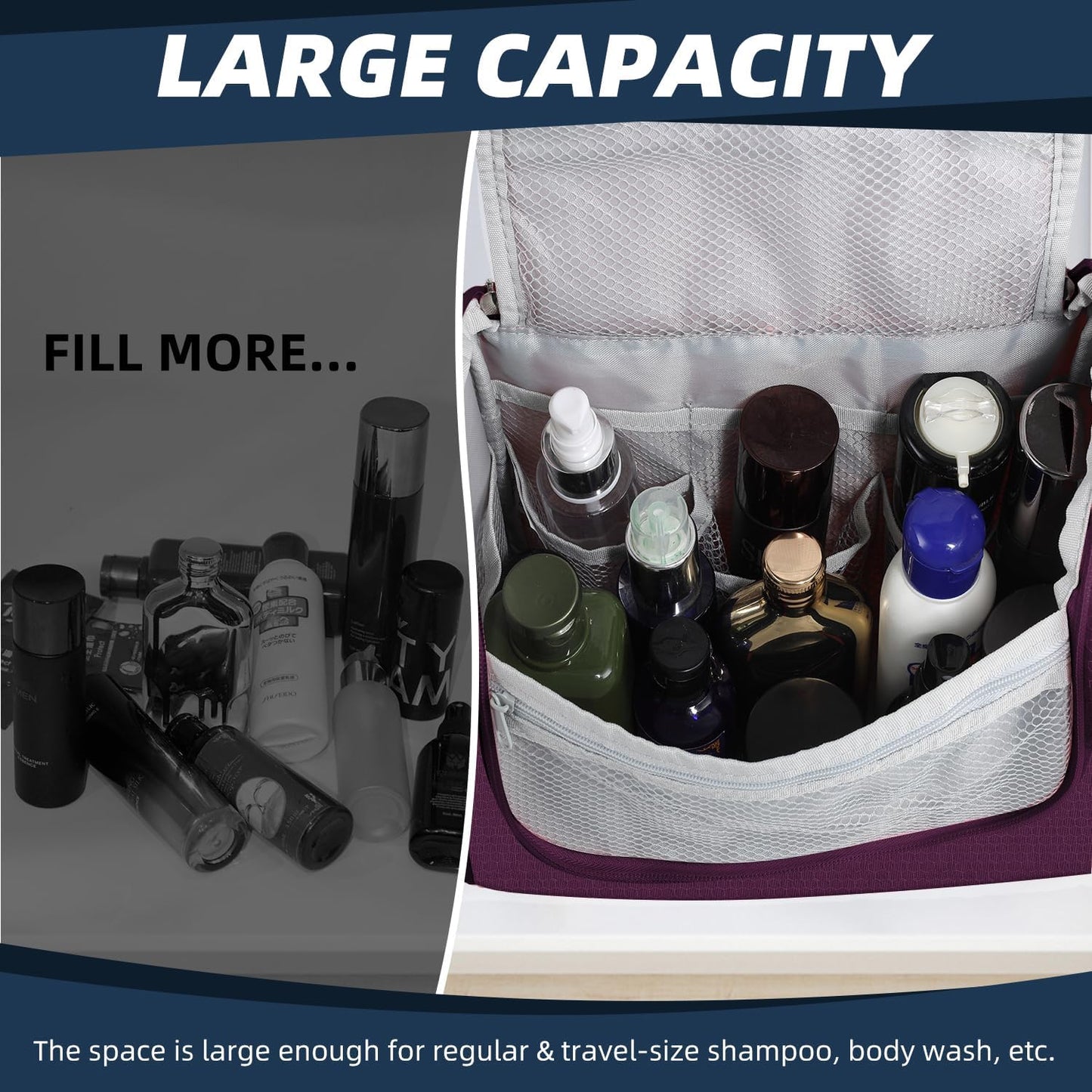 Large Capacity Toiletry Bag for Women and Men, Hanging Toiletry Organizer Cosmetics Makeup Bag, Water-Resistant Dopp Kit Shaving Bags for Full Sized Toiletries, Travel Essentials (Purple)