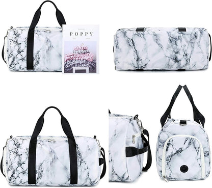 Sport Gym Duffle Travel Bag for Men Women Duffel with Shoe Compartment, Wet Pocket (Marble-White) 19.7"X9.5"X9.9"
