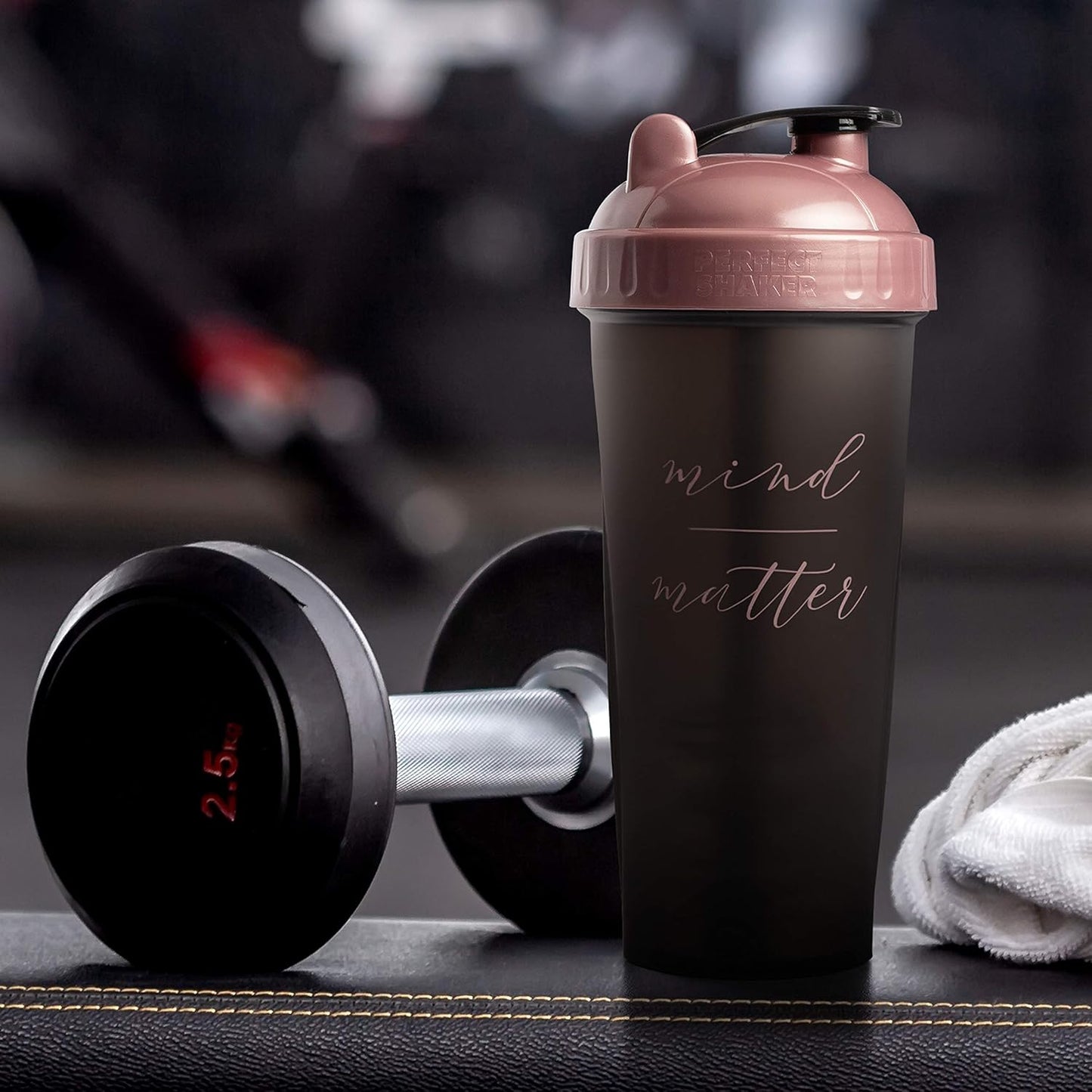 28-Ounce Shaker Bottle with Action-Rod Mixer | Shaker Cups with Motivational Quotes | Protein Shaker Bottle Is BPA Free and Dishwasher Safe | Mind over Matter - Black/Rose - 28Oz