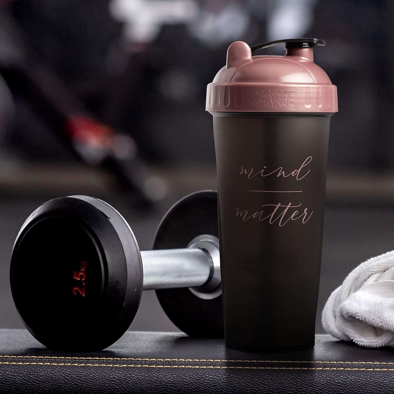28-Ounce Shaker Bottle with Action-Rod Mixer | Shaker Cups with Motivational Quotes | Protein Shaker Bottle Is BPA Free and Dishwasher Safe | Mind over Matter - Black/Rose - 28Oz