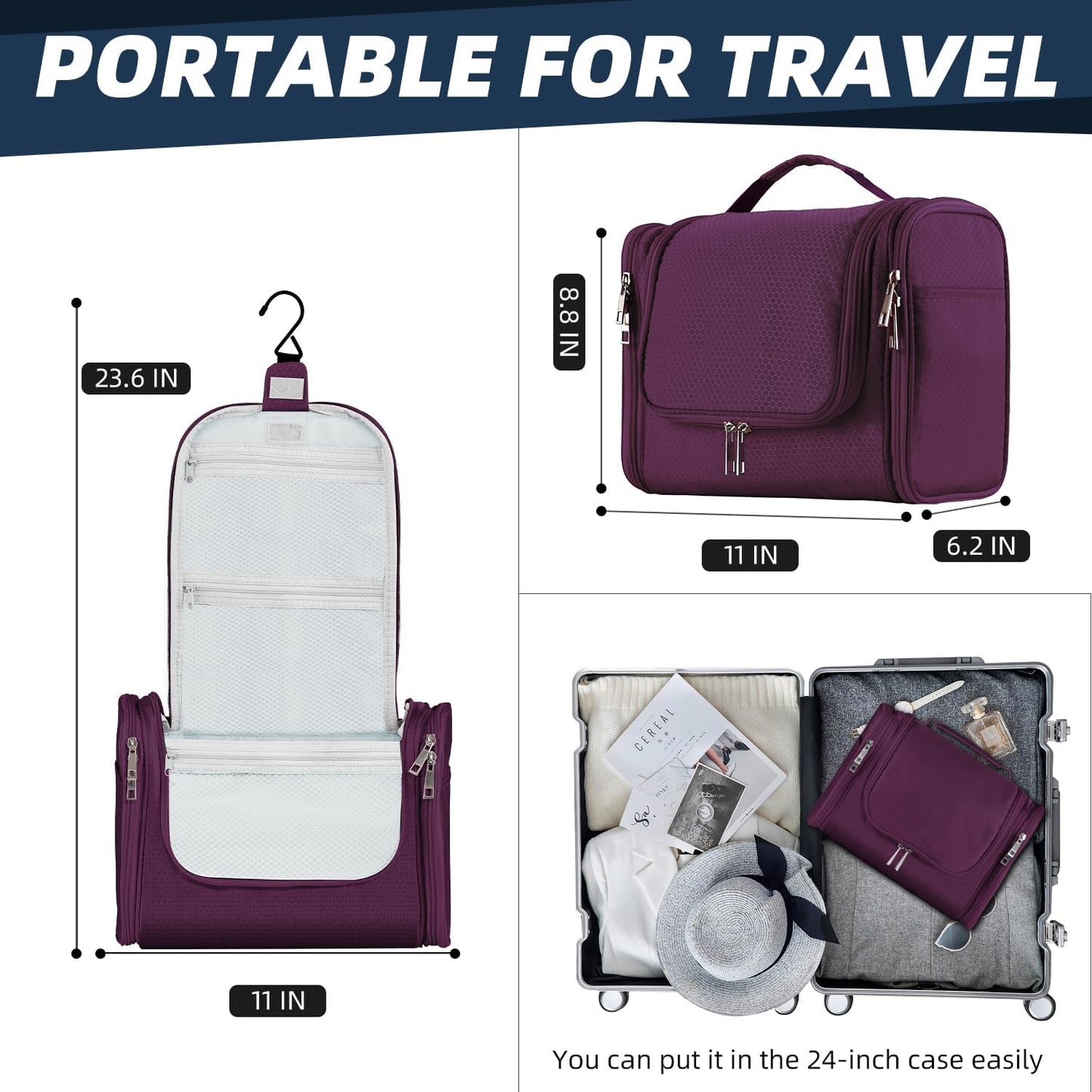 Large Capacity Toiletry Bag for Women and Men, Hanging Toiletry Organizer Cosmetics Makeup Bag, Water-Resistant Dopp Kit Shaving Bags for Full Sized Toiletries, Travel Essentials (Purple)