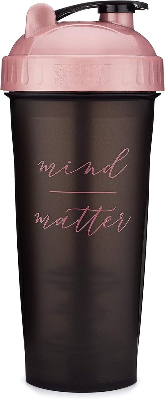 28-Ounce Shaker Bottle with Action-Rod Mixer | Shaker Cups with Motivational Quotes | Protein Shaker Bottle Is BPA Free and Dishwasher Safe | Mind over Matter - Black/Rose - 28Oz