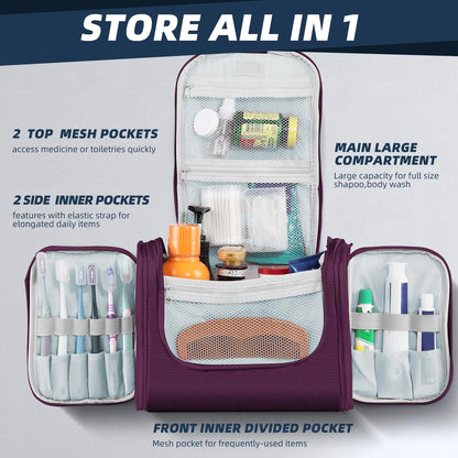 Large Capacity Toiletry Bag for Women and Men, Hanging Toiletry Organizer Cosmetics Makeup Bag, Water-Resistant Dopp Kit Shaving Bags for Full Sized Toiletries, Travel Essentials (Purple)